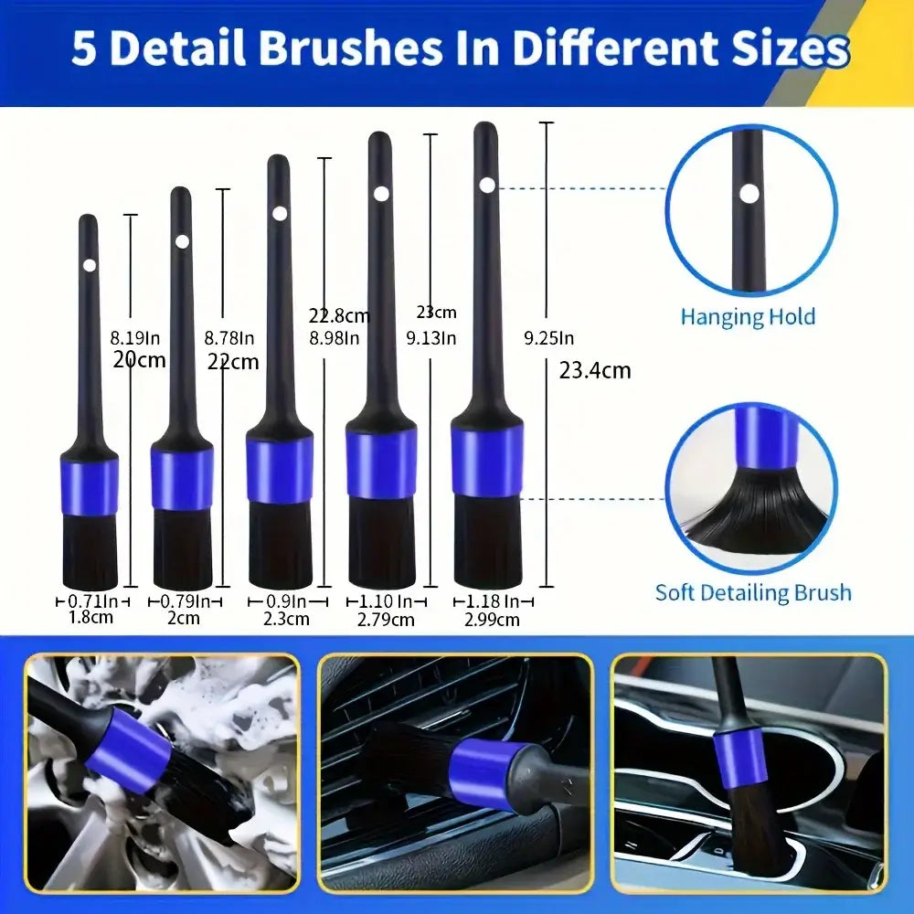 Five detail brushes in various sizes for car cleaning, featuring hanging holds and soft detailing bristles.