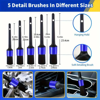 Five detail brushes in various sizes for car cleaning, featuring hanging holds and soft detailing bristles.