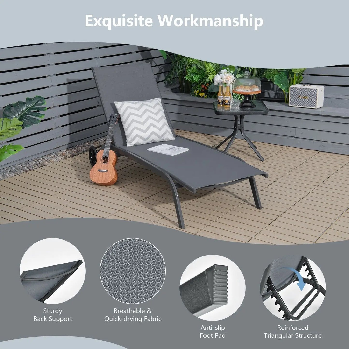 Garden Sun Lounger with Wheels – Reclining 6-Position Outdoor Chaise