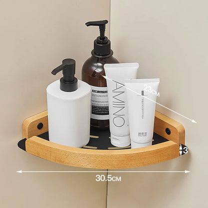 Black & White Bathroom Shelves – Wall Mounted Space Aluminum + Wood Shower Corner Storage Shelf