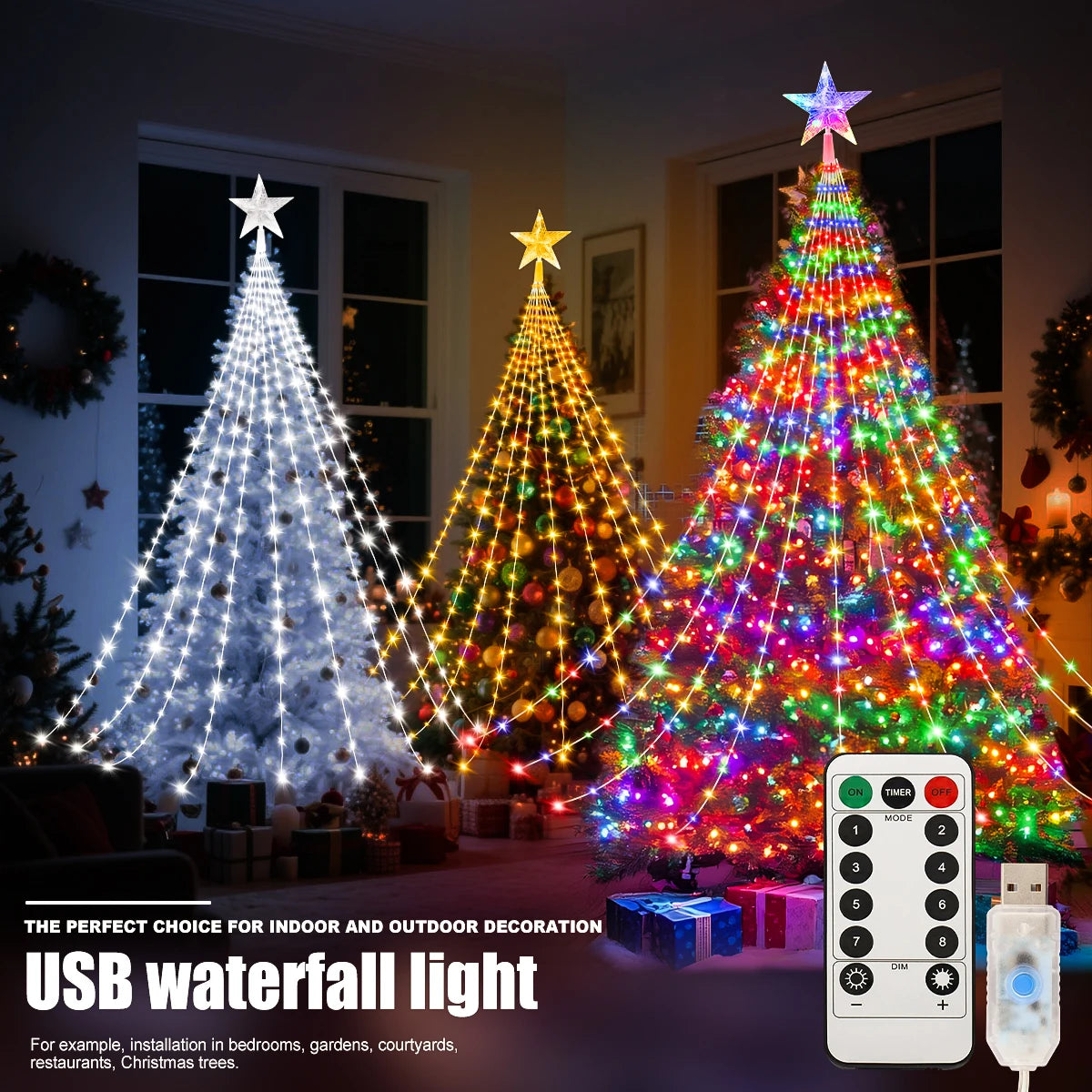 LED Outdoor Christmas Tree Decorations Lights USB 2/3M Waterproof Fairy String Lights 8 Modes Indoor Yard Wedding Party Lighting - Housite White / 2M 192LEDS