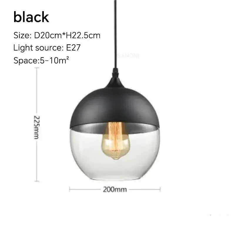 Black glass pendant light fixture, modern design, ideal for living spaces, size D20cm H22.5cm, E27 light source.