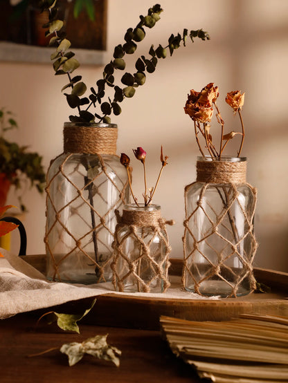 Hand Woven Hemp Rope Glass Vase – Boho Home Decor by Housite