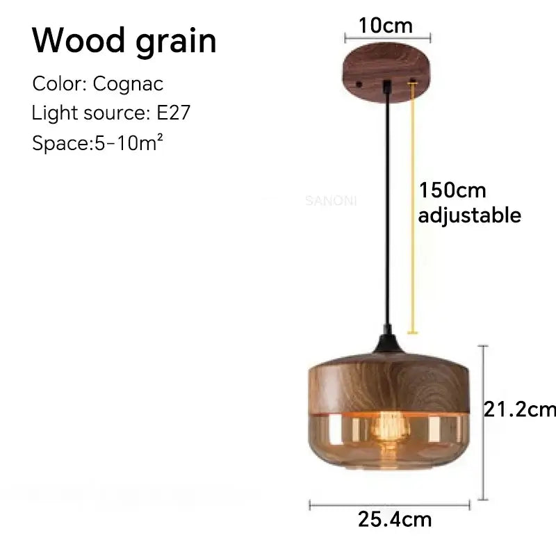 Cognac wood grain LED pendant light fixture with adjustable height for modern home decor.