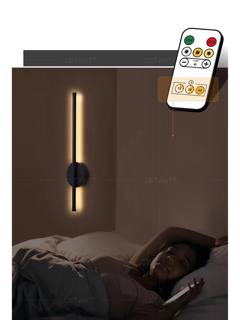 Rechargeable 50cm / 80cm Wireless LED Wall Light – Modern Dimmable Bedside Night Lamp with Remote Control - Housite 50cm / Black / Dimming