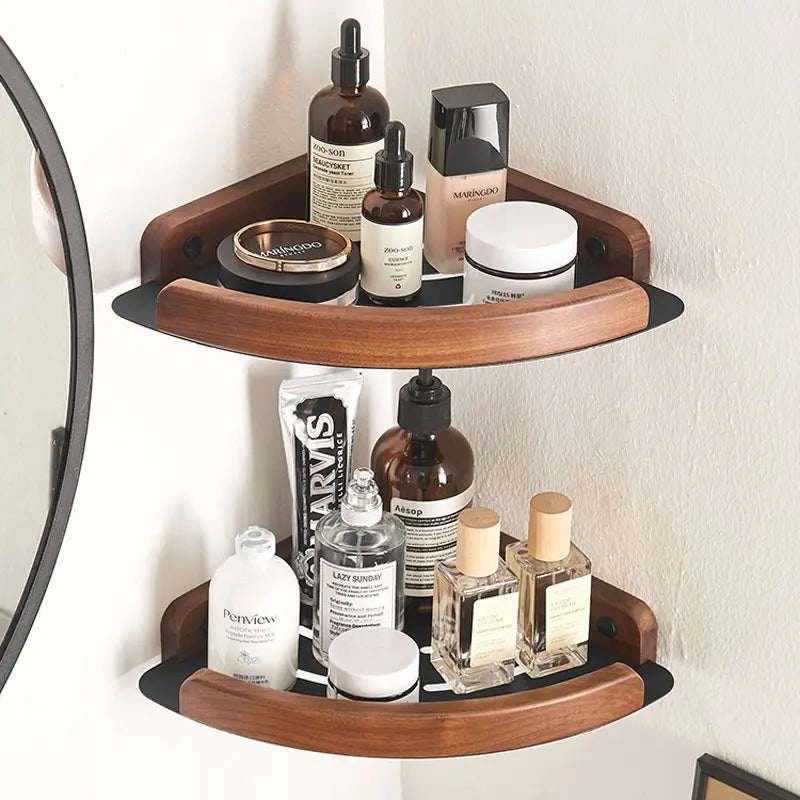 Black & White Bathroom Shelves – Wall Mounted Space Aluminum + Wood Shower Corner Storage Shelf