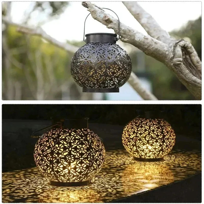 LED Solar Lantern Light - Hollow Wrought Iron Projection Hanging Lamp