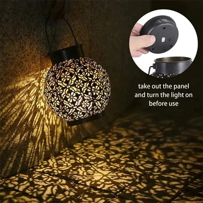 LED Solar Lantern Light - Hollow Wrought Iron Projection Hanging Lamp