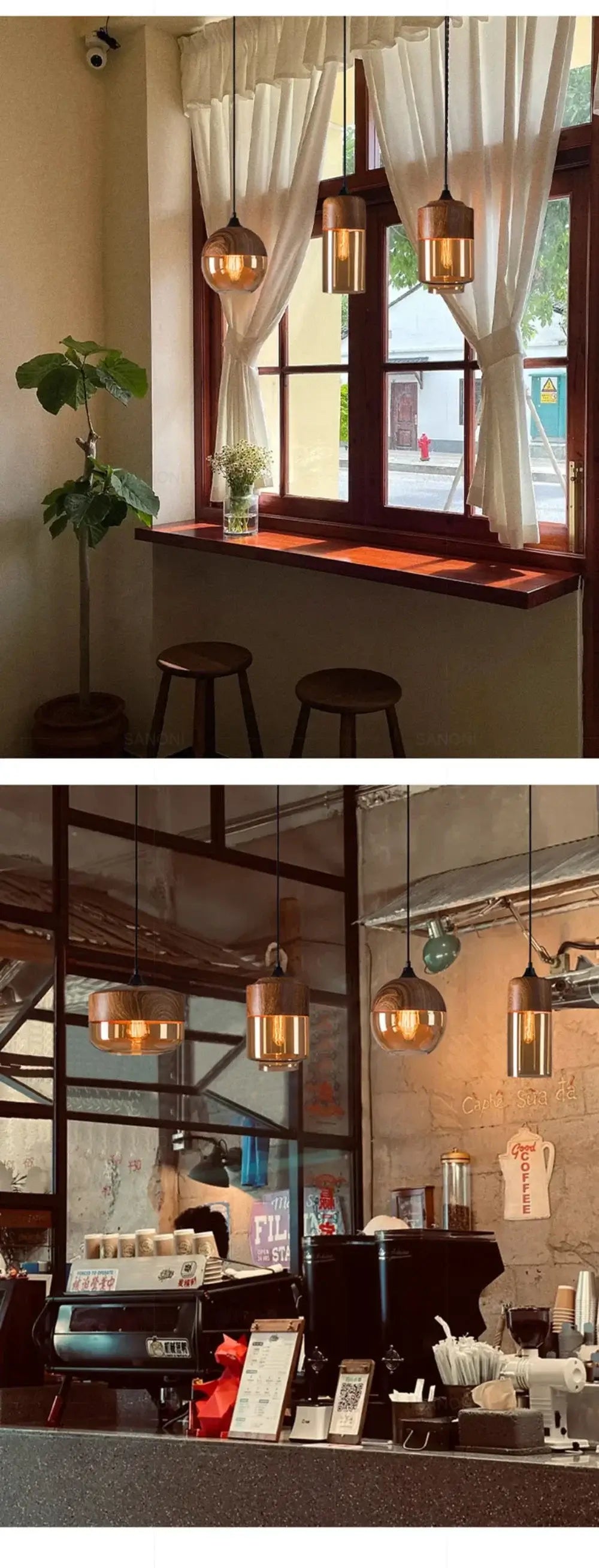 Cozy cafe interior with Nordic LED glass pendant lights and wooden stools near a sunny window.