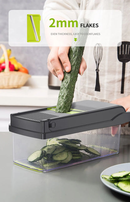 12-in-1 Multifunctional Vegetable Slicer & Chopper – Green & Black | Versatile Fruit, Potato, and Carrot Grater with Drain Basket