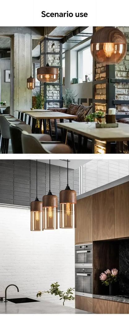 Nordic LED glass pendant lights in modern kitchen and dining room settings, showcasing wood and glass design.