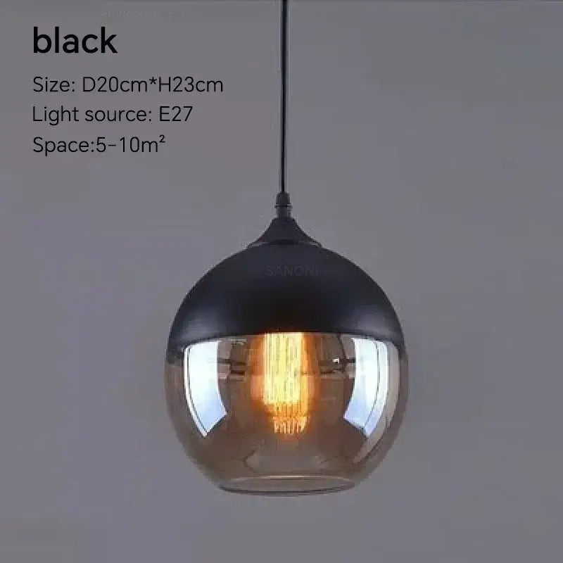 Black glass pendant light fixture with E27 bulb, modern design, suitable for spaces of 5-10m².