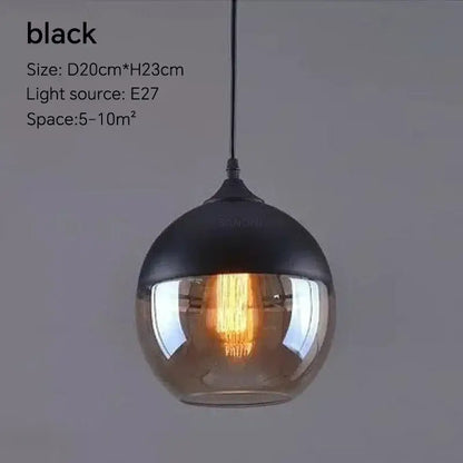 Black glass pendant light fixture with E27 bulb, modern design, suitable for spaces of 5-10m².