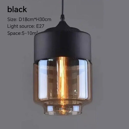 Black glass pendant light with E27 socket, size D18cm*H30cm, ideal for spaces 5-10m².