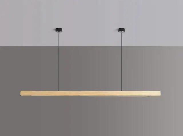 Nordic wood pendant light with minimalist design and modern LED, ideal for dining and workspace.