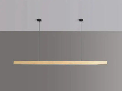 Nordic wood pendant light with minimalist design and modern LED, ideal for dining and workspace.