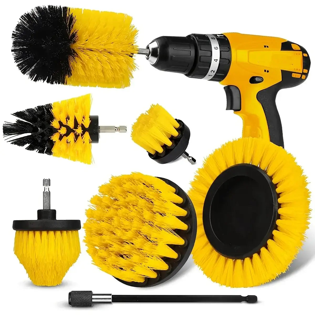 Premium car detailing kit with yellow drill brush attachments for effective cleaning.