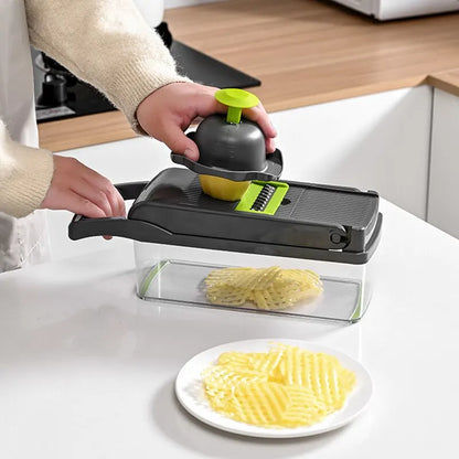 12-in-1 Multifunctional Vegetable Slicer & Chopper – Green & Black | Versatile Fruit, Potato, and Carrot Grater with Drain Basket