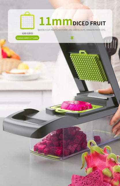 12-in-1 Multifunctional Vegetable Slicer & Chopper – Green & Black | Versatile Fruit, Potato, and Carrot Grater with Drain Basket