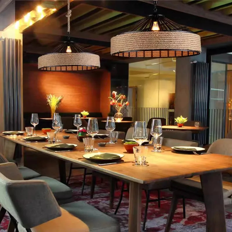 Retro Industrial Hemp Rope Pendant Lamp - Antique Iron Chandelier for Dining Room & Ceiling Lighting