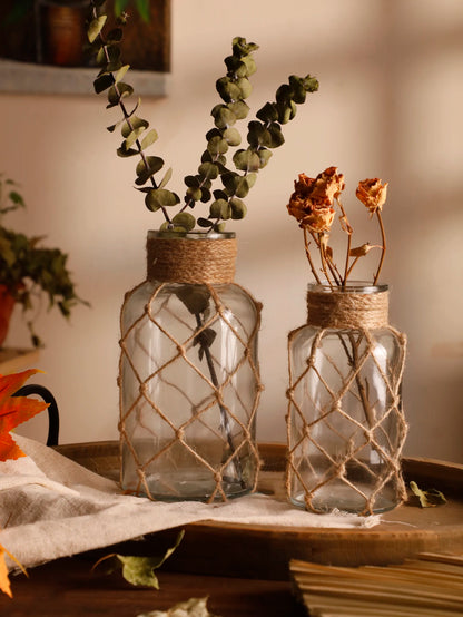 Hand Woven Hemp Rope Glass Vase – Boho Home Decor by Housite