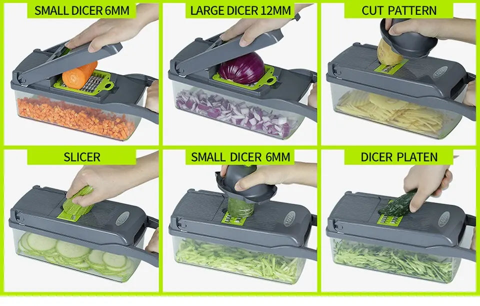 12-in-1 Multifunctional Vegetable Slicer & Chopper – Green & Black | Versatile Fruit, Potato, and Carrot Grater with Drain Basket