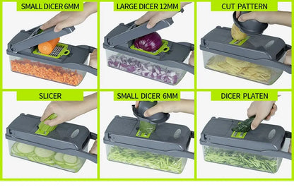 12-in-1 Multifunctional Vegetable Slicer & Chopper – Green & Black | Versatile Fruit, Potato, and Carrot Grater with Drain Basket