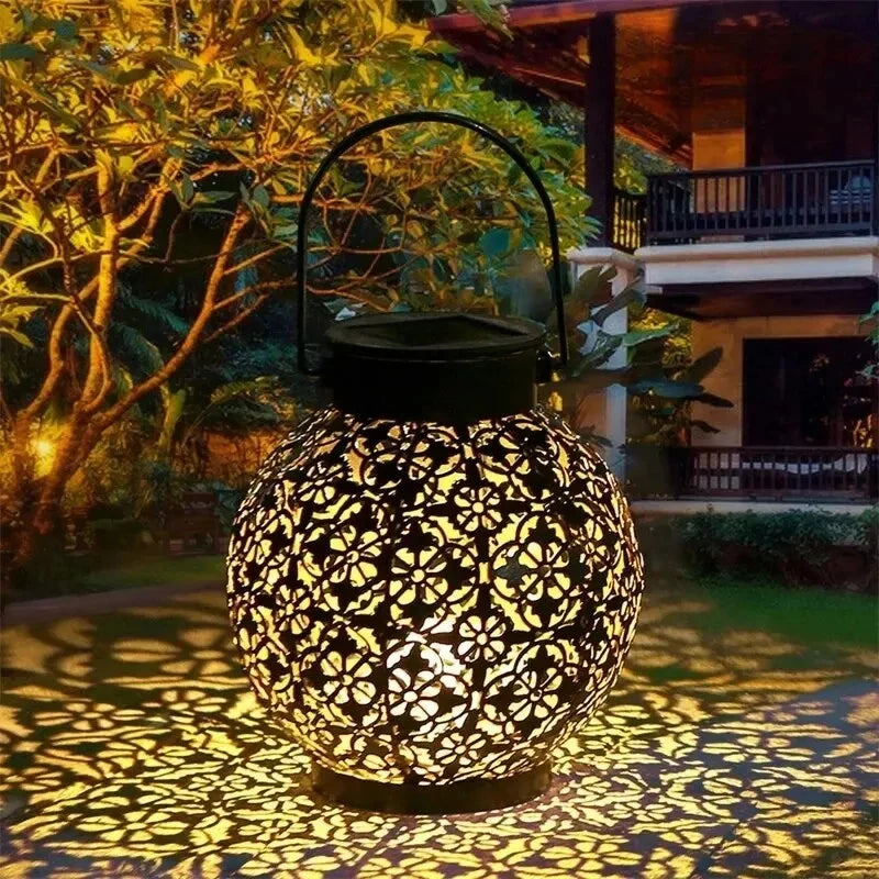 LED Solar Lantern Light - Hollow Wrought Iron Projection Hanging Lamp