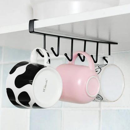Perforation-Free Wrought Iron Cabinet Storage Rack – Multi-Functional Organizer with 6 Hooks for Kitchen and Wardrobe
