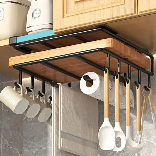 Multi-Functional Kitchen Hanging Organizer Rack with Hooks - Under Cabinet Paper Towel Holder, Rags Hanger, Cutting Board & Pot Cover Storage Shel