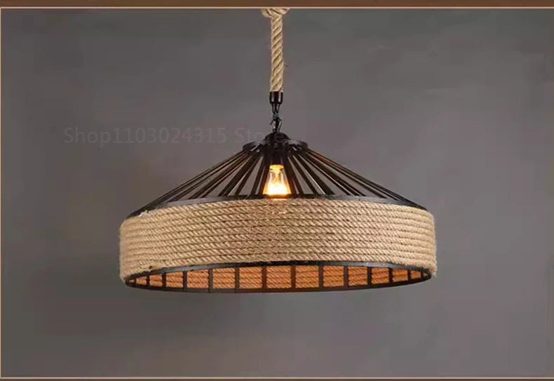 Retro Industrial Hemp Rope Pendant Lamp - Antique Iron Chandelier for Dining Room & Ceiling Lighting