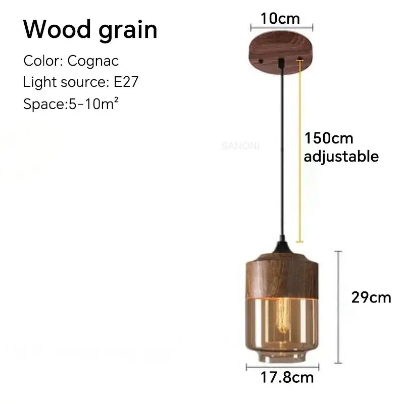 Cognac wood grain LED pendant light with adjustable length, ideal for cozy home decor in various spaces.