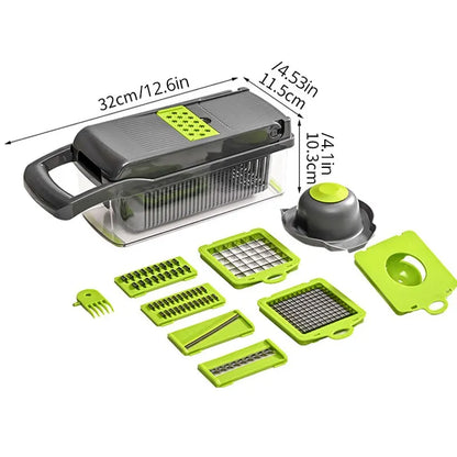 12-in-1 Multifunctional Vegetable Slicer & Chopper – Green & Black | Versatile Fruit, Potato, and Carrot Grater with Drain Basket