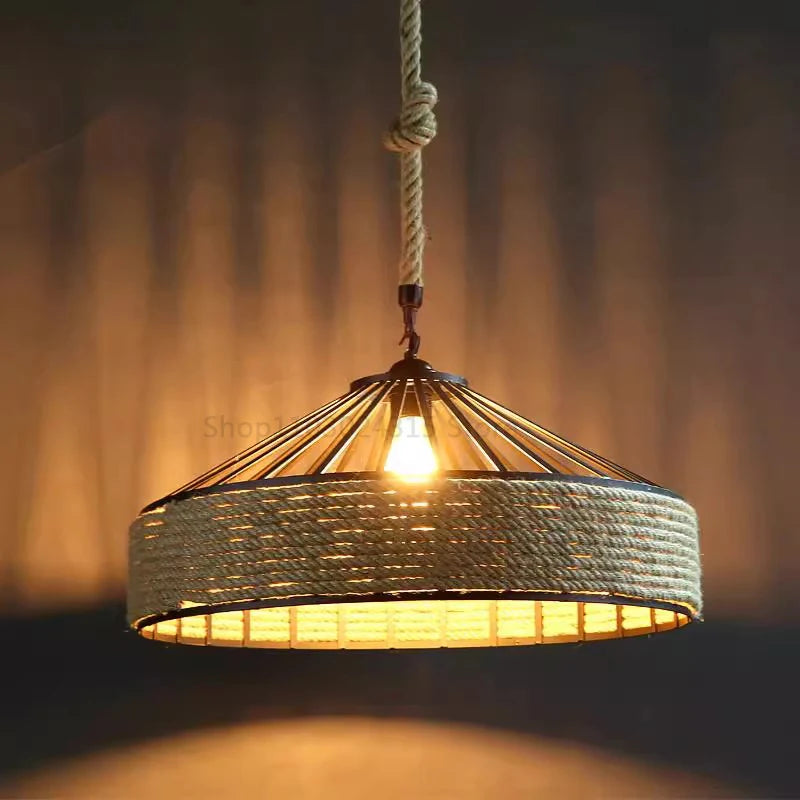 Retro Industrial Hemp Rope Pendant Lamp - Antique Iron Chandelier for Dining Room & Ceiling Lighting