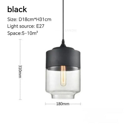 Modern black LED pendant light fixture with glass shade, ideal for dining and living spaces.