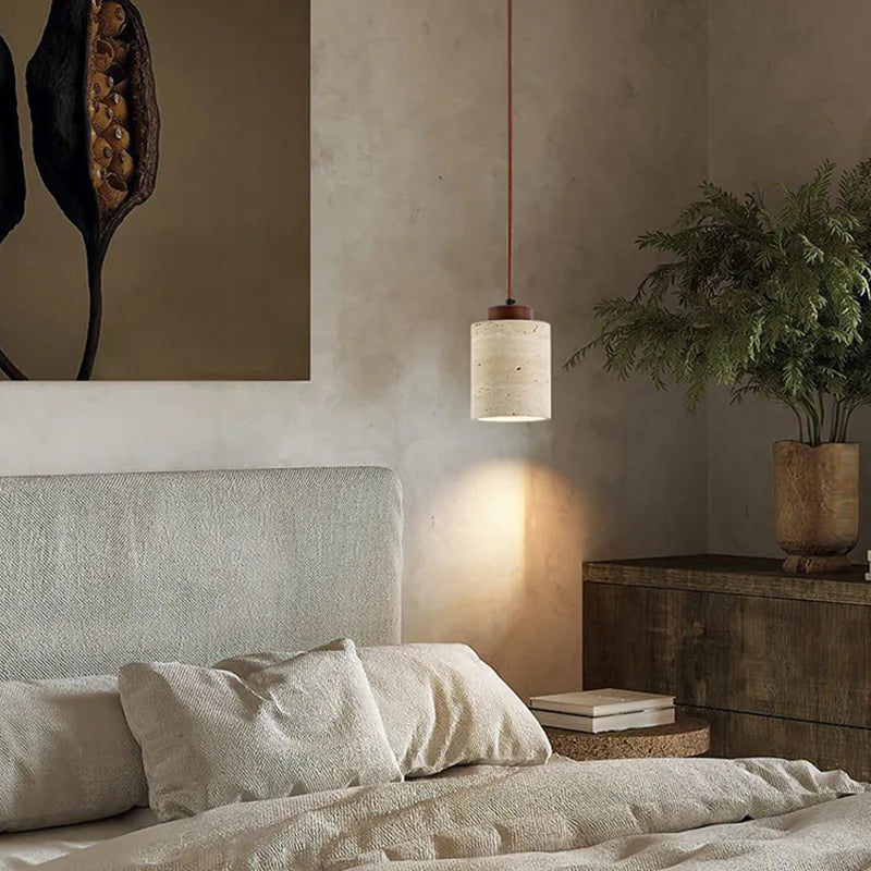 Japanese Modern Designer Wabi-Sabi Bedroom Bedside Lighting featuring a stone chandelier above a serene bed setting.