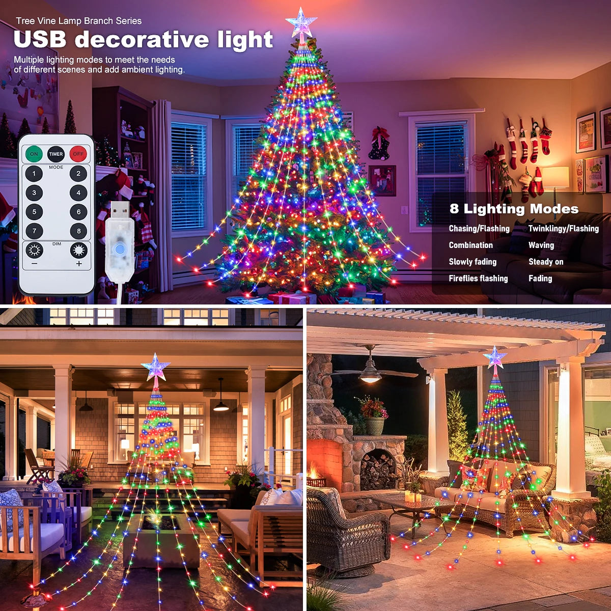 LED Outdoor Christmas Tree Decorations Lights USB 2/3M Waterproof Fairy String Lights 8 Modes Indoor Yard Wedding Party Lighting - Housite White / 2M 192LEDS
