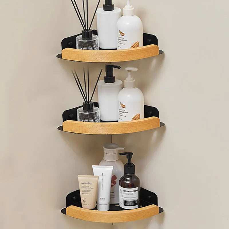Black & White Bathroom Shelves – Wall Mounted Space Aluminum + Wood Shower Corner Storage Shelf