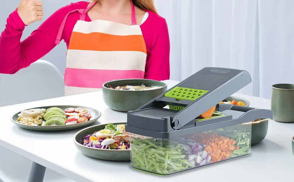 12-in-1 Multifunctional Vegetable Slicer & Chopper – Green & Black | Versatile Fruit, Potato, and Carrot Grater with Drain Basket