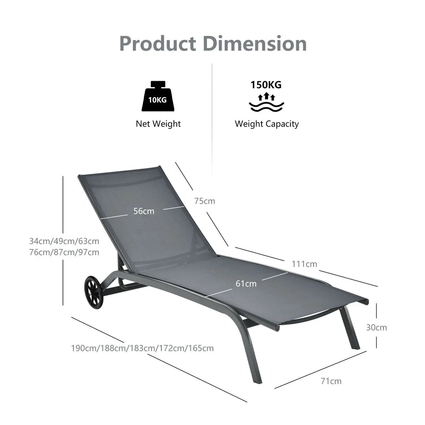 Garden Sun Lounger with Wheels – Reclining 6-Position Outdoor Chaise