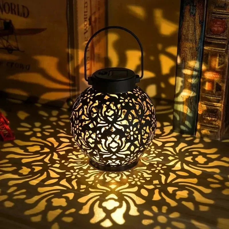 LED Solar Lantern Light - Hollow Wrought Iron Projection Hanging Lamp