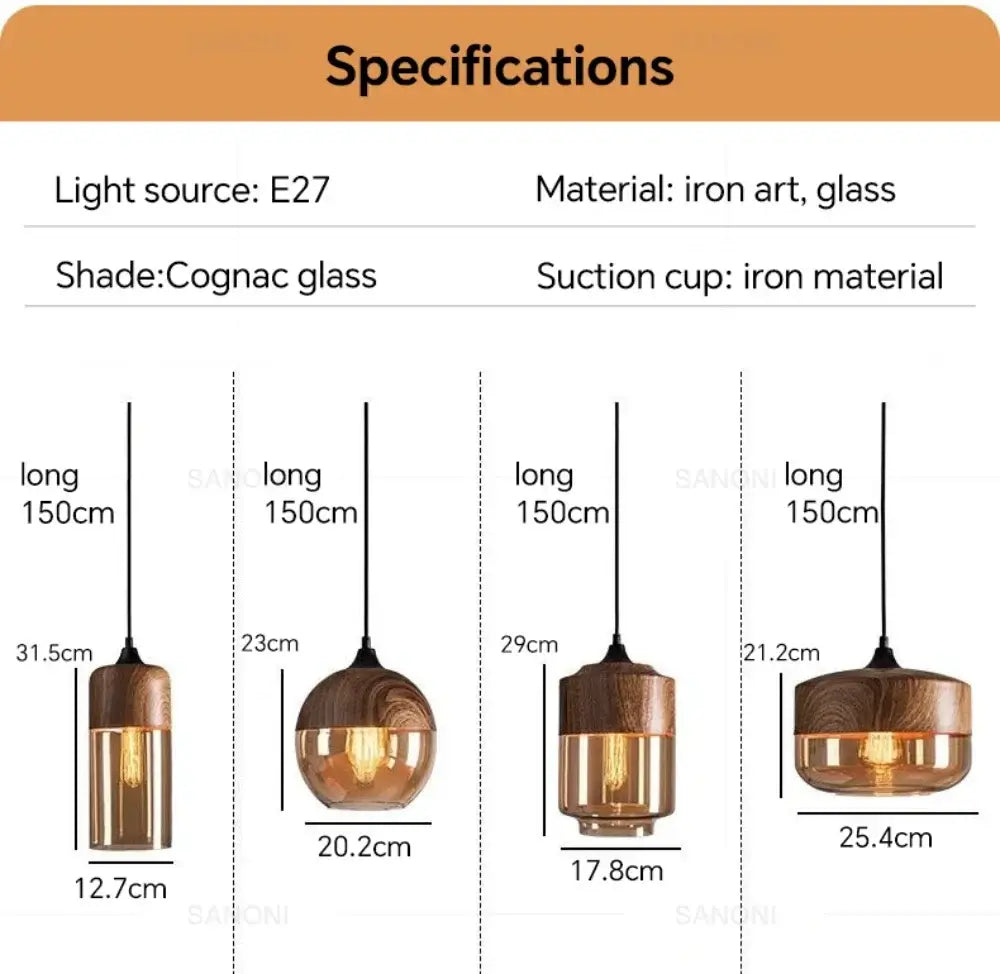 Specifications for Nordic LED pendant lights: E27 light source, iron and cognac glass materials, various dimensions.