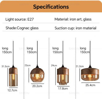 Specifications for Nordic LED pendant lights: E27 light source, iron and cognac glass materials, various dimensions.