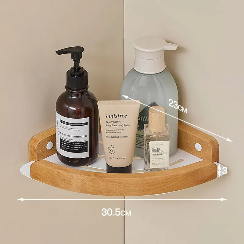 Black & White Bathroom Shelves – Wall Mounted Space Aluminum + Wood Shower Corner Storage Shelf