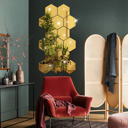 3D Hexagon Mirror Wall Stickers – Modern Geometric Home Décor