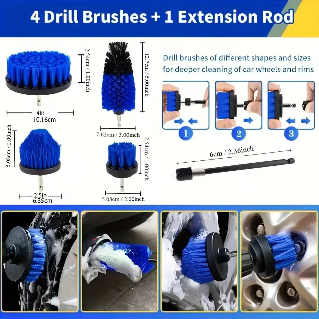 4 drill brushes and 1 extension rod for effective car wheel cleaning, featuring different shapes and sizes for optimal results.