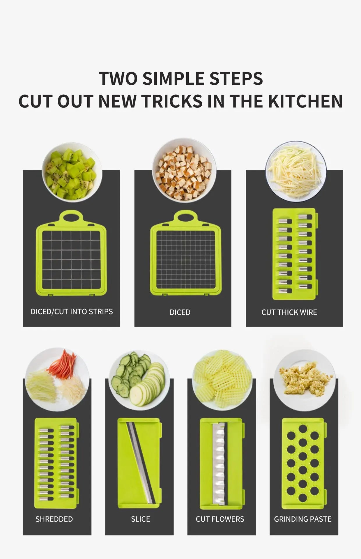 12-in-1 Multifunctional Vegetable Slicer & Chopper – Green & Black | Versatile Fruit, Potato, and Carrot Grater with Drain Basket