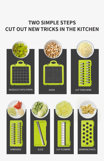 12-in-1 Multifunctional Vegetable Slicer & Chopper – Green & Black | Versatile Fruit, Potato, and Carrot Grater with Drain Basket