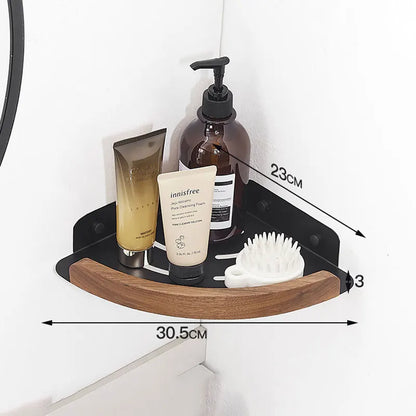 Black & White Bathroom Shelves – Wall Mounted Space Aluminum + Wood Shower Corner Storage Shelf