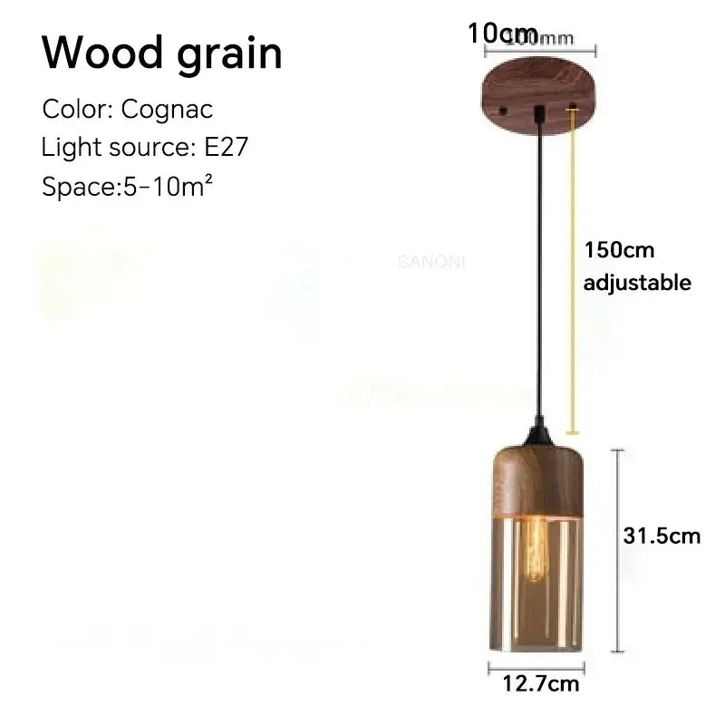 Cognac wood grain LED pendant light fixture with adjustable height, ideal for modern living spaces.